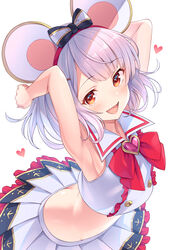  :d adapted_costume animal_ears armpits arms_up bare_arms bare_shoulders bent_over black_bow bow bowtie brooch brown_eyes butt_crack commentary_request crop_top crop_top_overhang female granblue_fantasy groin hairband hairbow heart heart_brooch highres jewelry looking_at_viewer midriff miniskirt mouse_ears open_mouth pleated_skirt sailor_collar shirt short_hair simple_background skirt sleeveless sleeveless_shirt smile solo tomo_(tmtm_mf_mf) vikala_(granblue_fantasy) white_background white_hair white_shirt white_skirt 