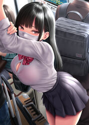  backpack bag bent_over black_hair black_skirt bow bowtie bra bra_visible_through_clothes breasts cleavage collared_shirt female grabbing_own_arm grey_eyes kase_daiki large_breasts long_hair long_sleeves looking_at_viewer mask mouth_mask open_clothes original pink_bra school_uniform see-through shirt shirt_tucked_in sidelocks skirt skirt_rolled_up solo_focus suitcase underwear 