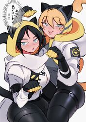  2girls adapted_costume animal_ears apex_legends black_bodysuit black_hair blonde_hair blush bodysuit cat_ears cat_tail cosplay half-closed_eyes highres hood hood_up hooded_jacket jacket kabiyapyo multiple_girls official_alternate_costume paw_pose smile sweatdrop tail thick_thighs thigh_strap thighs translation_request void_prowler_wraith wattson_(apex_legends) white_background white_jacket wraith_(apex_legends) wraith_(apex_legends)_(cosplay) 