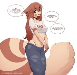  1girls animal_ears belt_collar big_tail black_eyes brown_hair cute dialogue english_text female female_only furret furry_tail generation_2_pokemon hi_res humanized jeans long_hair looking_at_viewer luxurias nintendo pants pok&eacute;mon_(species) pokegirl pokemon smiling smiling_at_viewer solo speech_bubble spelling_error t-shirt tail talking_to_viewer white_background 