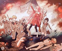  6+boys 6+girls ahoge black_hair black_pantyhose blonde_hair blue_eyes blue_hair boots brown_footwear brown_hair chinese_commentary commentary_request couple darling_in_the_franxx fine_art_parody flag futoshi_(darling_in_the_franxx) glasses gorou_(darling_in_the_franxx) green_eyes green_hair gun hair_ornament hairband hand_up high_ponytail hiro_(darling_in_the_franxx) holding holding_flag holding_gun holding_weapon horns ichigo_(darling_in_the_franxx) ikuno_(darling_in_the_franxx) jieqialice kokoro_(darling_in_the_franxx) liberty_leading_the_people light_brown_hair long_hair long_sleeves looking_back lying miku_(darling_in_the_franxx) military military_uniform mitsuru_(darling_in_the_franxx) multiple_boys multiple_girls necktie nine_alpha nine_delta on_back on_side oni_horns orange_necktie pantyhose parody pink_hair ponytail purple_hair red_hair red_horns shoes short_hair socks straight thighs twintails uniform weapon white_footwear white_hairband zero_two_(darling_in_the_franxx) zorome_(darling_in_the_franxx) 