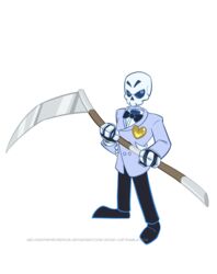  1boy atomi-cat blazer blue_eyes bow bowtie commentary english_commentary formal grim_fandango heart jacket male_focus manuel_calavera mystery_skulls parody scythe skeleton solo standing style_parody traditional_bowtie transparent_background watermark web_address 