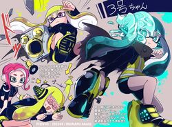  2girls @_@ agent_3_(splatoon) agent_8_(splatoon) aqua_eyes aqua_hair artist_name asymmetrical_sleeves black_jacket blunt_bangs bracelet character_name closed_mouth commander_tartar commentary_request corruption flying_sweatdrops giving_up_the_ghost glowing glowing_eyes green_eyes green_hair halo headgear hero_shot_(splatoon) holding holding_weapon inkling inkling_girl inkling_player_character inumaru_akagi jacket jewelry jumping light_frown long_hair looking_at_another looking_at_viewer lying midriff mind_control motion_blur motion_lines multiple_girls multiple_views octoling octoling_girl octoling_player_character on_side partially_translated pixiv_id purple_eyes red_hair shoes short_hair splatoon_(series) splatoon_2 splatoon_2:_octo_expansion spoilers squidbeak_splatoon standing star_(symbol) sweatdrop translation_request unconscious uneven_sleeves vest weapon yellow_footwear yellow_vest 