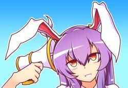  animal_ears blue_background commentary english_commentary female gradient_background highres long_hair looking_away lunatic_gun majormilk parted_lips purple_hair rabbit_ears red_eyes reisen_udongein_inaba simple_background solo touhou upper_body wool_(miwol)_(style) 