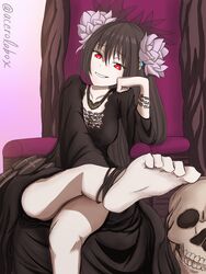  anklet barefoot black_hair breasts cleavage feet female flower grin hair_flower hair_ornament head_rest highres jewelry long_hair looking_at_viewer miracle_tou pov pov_feet rance_ix red_eyes sitting skull smile soles throne toes 