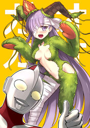  1boy :o alphy bandage_over_one_eye bandages blush bow breasts commentary_request crossover fate/grand_order fate_(series) female gloves hairbow helmet horns kingprotea_(fate) kingprotea_(second_ascension)_(fate) long_hair looking_at_viewer medium_breasts monster_girl moss navel open_mouth purple_eyes purple_hair thumbs_up ultra_series ultraman ultraman_(1st_series) white_bow yellow_background 