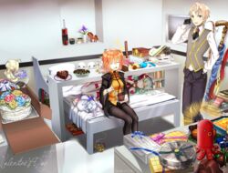  1boy 2017 2girls :d artoria_pendragon_(fate) bedroom black_gloves black_neckerchief black_pants black_pantyhose black_shorts blonde_hair bow bowtie box bracelet cake closed_eyes commentary_request fate/grand_order fate_(series) food fujimaru_ritsuka_(female) fujimaru_ritsuka_(female)_(mage&#039;s_association_uniform) gift gift_box gloves green_eyes green_hair half_gloves hand_on_own_hip heart-shaped_cake heart-shaped_food holding indoors jekyll_and_hyde_(fate) jewelry kiyohime_(fate) kiyohime_(kiyohime_in_ribbons)_(fate) long_hair looking_at_viewer multiple_girls neck_ribbon neckerchief official_alternate_costume one_side_up open_mouth orange_hair orange_shirt pants pantyhose red_bow red_bowtie red_ribbon ribbon saber_(fate) shirt shoochiku_bai short_hair short_shorts shorts sitting smile standing sweatdrop thighhighs valentine white_legwear white_shirt 