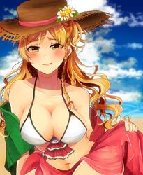  alternate_costume bad_id bad_pixiv_id bare_shoulders beach bikini blonde_hair blue_sky blurry blurry_background blush braid breasts brown_eyes cleavage cloud collarbone commentary_request day female french_braid hair_between_eyes hat italian_flag italian_flag_bikini kakitamago kantai_collection large_breasts long_hair looking_at_viewer navel ocean outdoors sand sarong shawl side_braid sidelocks sky smile solo stomach sun_hat swimsuit wavy_hair zara_(kancolle) 