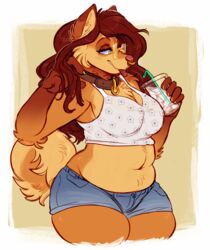  anthro belly bendy_straw beverage big_breasts bottomwear breasts canid canine canis clothing collar crop_top deep_navel denim denim_clothing domestic_dog drinking_straw eyewear female glasses hair hi_res jayboppity mammal midriff navel piercing shirt shorts slightly_chubby solo standing straw_(disambiguation) tallulah_(tantrum) thick_thighs topwear yellow_eyes 