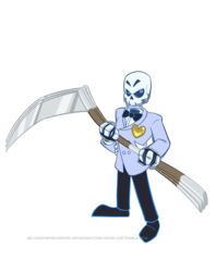  1boy animated animated atomi-cat blazer blue_eyes bouncing bow bowtie commentary_request formal full_body grim_fandango heart jacket male_focus manuel_calavera mystery_skulls parody scythe skeleton solo standing style_parody traditional_bowtie transparent_background watermark web_address 