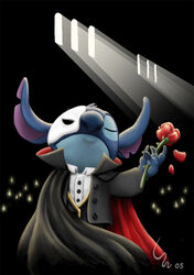  2005 4_fingers alien anthro black_background blue_body blue_claws blue_fur blue_nose claws cloak closed_eyes clothing cosplay digital_media_(artwork) digital_painting_(artwork) disney erik_(the_phantom_of_the_opera) experiment_(lilo_and_stitch) fingers fire flower fur head_tuft lilo_and_stitch mask notched_ear parody plant ribera rose_(flower) semi-anthro simple_background solo stitch_(lilo_and_stitch) suit the_phantom_of_the_opera tuft watermark window 