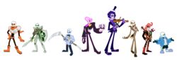  6+boys afro armor atomi-cat black_hair blazer blue_eyes boots bow bowtie brook clenched_hand coat coattails commentary_request everyone formal gloves green_eyes grim_fandango guitar hand_on_hip hat heart instrument jack_skellington jacket lewis_(mystery_skulls) lineup long_image looking_at_viewer loose_socks male_focus manolo_sanchez manuel_calavera medievil multiple_boys music mystery_skulls necktie one_eye_closed one_piece orange_eyes papyrus_(undertale) parody pink_eyes pink_hair pinstripe_suit playing_instrument ponytail popped_collar purple_eyes purple_hair red_eyes sans scarf scythe shield shorts shrug simple_background single_eye sir_daniel_fortesque skeleton slippers socks standing striped style_parody suit sword the_book_of_life the_nightmare_before_christmas top_hat undertale uneven_eyes violin weapon white_background wide_image 