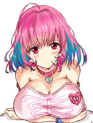  ahoge bare_shoulders blush bracelet breast_hold breasts cleavage closed_mouth collar commentary earrings female haru_(nature_life) heart heart_on_chest idolmaster idolmaster_cinderella_girls jewelry large_breasts looking_at_viewer multicolored_hair off-shoulder_shirt off_shoulder pill_earrings pink_eyes pink_hair print_shirt shirt short_hair skeleton_print smile solo tareme two-tone_hair upper_body white_shirt yumemi_riamu 