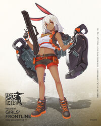  &gt;:) animal_ears ankle_boots bare_legs black_gloves black_shorts boots character_name closed_mouth colored_shoe_soles copyright_name crossed_bangs dark-skinned_female dark_skin female full_body girls&#039;_frontline gloves gun hands_up high_tops highres hikari123456 holding holding_gun holding_weapon long_hair looking_at_viewer midriff navel neostead neostead_2000 ns2000_(girls&#039;_frontline) official_art promotional_art rabbit_ears red_eyes rigging shadow shield shield_module shoes short_shorts shorts shotgun shotgun_shell smile sneakers solo standing tank_top v-shaped_eyebrows watermark weapon web_address white_hair 