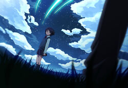  1boy bad_id bad_pixiv_id black_hair cloud commentary_request female kimi_no_na_wa. koitsu_(blue) miyamizu_mitsuha night night_sky outdoors school_uniform shooting_star short_hair skirt sky solo_focus spoilers tachibana_taki 