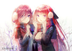  2girls bare_tree black_jacket black_ribbon blurry blurry_background breasts chinese_commentary commentary_request copyright_name depth_of_field earmuffs fringe_trim go-toubun_no_hanayome hair_between_eyes hair_ribbon hand_up hands_up highres jacket long_hair long_sleeves looking_at_viewer medium_breasts multiple_girls nakano_miku nakano_nino open_clothes open_jacket plaid plaid_scarf purple_eyes red_hair ribbon sa&#039;yuki scarf shared_clothes shared_scarf shirt siblings sisters tree upper_body very_long_hair white_shirt 