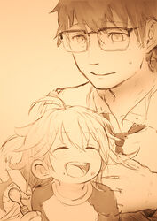  1boy amaama_to_inazuma black_hair blush closed_eyes commentary_request father_and_daughter female feral_lemma glasses happy inuzuka_kouhei inuzuka_tsumugi lolicon long_hair looking_at_another monochrome necktie open_mouth photoshop_(medium) sepia short_hair simple_background smile spoon 