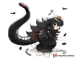  aircraft airplane bandaid black_dress black_eyes black_hair bullet_bill commentary dress english_commentary female full_body godzilla godzilla_(series) godzilla_(shin) haraya_manawari long_hair looking_at_viewer mario_(series) new_super_mario_bros._u_deluxe patreon_logo patreon_username personification photoshop_(medium) shin_godzilla simple_background solo standing super_crown tail tears train very_long_hair watermark web_address white_background 