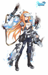  ace_virgin aircraft airplane blue_eyes blue_pants blush boots breasts broken canberra_(ace_virgin) cannon cleavage_cutout clenched_teeth clothing_cutout commentary_request copyright_name female full_body gun headgear highres holding holding_gun holding_weapon kangetsu_(fhalei) knee_boots large_breasts leg_belt lips logo long_hair long_sleeves looking_at_viewer machinery mecha_musume orange_hair pants parted_lips simple_background solo standing teeth torn_clothes very_long_hair weapon white_background 