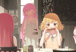  1boy 3girls alternate_hairstyle aqua_dress bad_id bad_pixiv_id blonde_hair blue_ribbon blush bread bread_slice chair closed_eyes coffee_pot commentary_request cup dress egg egg_(food) egg_yolk eyebrows food fried_egg fried_egg_on_toast frying_pan glass hair_down head_tilt highres hojo_sophy holding holding_food ice ice_cube indoors kitchen kuma_(pripara) long_hair manaka_laala messy_hair minami_mirei mug multiple_girls neck_ribbon open_mouth pink_hair polka_dot polka_dot_dress pretty_series pripara ribbon ruru_ashihara salt_shaker sitting sleeveless sleeveless_dress standing swept_bangs table tablecloth tears toast triangle_mouth very_long_hair window |_| 