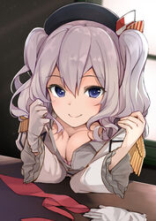  beret blue_eyes breasts cleavage commentary_request epaulettes female frilled_sleeves frills gloves grey_eyes grey_hair hat kantai_collection kashima_(kancolle) large_breasts looking_at_viewer max_melon military military_uniform sidelocks single_glove smile solo tsurime twintails uniform wavy_hair white_gloves 