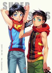  2boys armpits arms_behind_head artist_name black_hair cellphone commentary_request cowboy_shot cr72 damian_wayne dated dc_comics denim hood hooded_vest hoodie jeans jonathan_kent looking_at_viewer male_focus multiple_boys pants parted_lips phone shirt short_hair simple_background sleeveless sleeveless_hoodie sleeveless_shirt smartphone smile super_sons vest white_background 