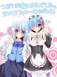  2girls :3 :d :o animal animal_on_head blue_eyes blue_hair breasts chestnut_mouth cleavage commentary_request convention_greeting crossover detached_sleeves gochuumon_wa_usagi_desu_ka? hair_ornament hair_over_one_eye hairclip hairpin kafuu_chino long_hair looking_at_viewer maid maid_headdress minase_inori multiple_girls nakada_rumi on_head open_mouth pantyhose rabbit rabbit_house_uniform rabbit_on_head re:zero_kara_hajimeru_isekai_seikatsu rem_(re:zero) roswaal_mansion_maid_uniform short_hair small_breasts smile tippy_(gochiusa) translated voice_actor_connection waitress waving white_legwear x_hair_ornament 