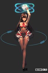  arm_up armpits bare_shoulders black_background black_gloves black_leotard blush bodysuit book breasts brown_hair brown_thighhighs commentary copyright_name covered_navel destiny_child ecell elbow_gloves female frills full_body gloves hair_ornament highres holding holding_book leotard long_hair looking_at_viewer mecha_musume medium_breasts parted_lips photoshop_(medium) pointy_ears purple_eyes revealing_clothes solo tan thighhighs tsurime wristband 