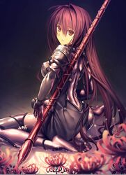  ass bodysuit breasts commentary_request fate/grand_order fate_(series) feet female flower from_behind kawanakajima long_hair looking_at_viewer looking_back medium_breasts no_shoes parted_lips polearm red_eyes red_hair scathach_(fate) sitting soles solo spear spider_lily toes wariza weapon 