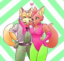  anthro armor armwear athletic athletic_anthro athletic_female belt big_breasts black_nose blush blush_lines breasts canid canine choker cleavage clothed clothing curvy_figure dipstick_tail duo elbow_gloves eye_contact fara_phoenix female fennec_fox fingerless_gloves flightsuit form_fitting fox fox_mccloud gloves green_clothing green_eyes grey_clothing hand_around_waist handwear headgear helmet hourglass_figure jacket jewelry legwear leotard looking_at_another male male/female mammal markings multicolored_tail naaraskettu necklace nintendo no_bra pantyhose pink_clothing pockets romantic romantic_couple smile star_fox tail tail_markings tight_clothing topwear true_fox zipper 