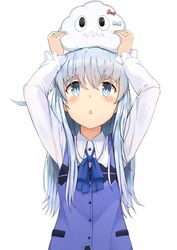  bad_id bad_pixiv_id black_eyes blue_bow blue_hair blue_ribbon blue_vest blush bow chestnut_mouth closed_mouth collared_shirt commentary_request cosplay crossover dress_shirt female gochuumon_wa_usagi_desu_ka? hair_between_eyes hibiki_(kancolle) highres jpeg_artifacts kafuu_chino kafuu_chino_(cosplay) kantai_collection long_hair long_sleeves looking_up miss_cloud neck_ribbon on_head osananajimi_neko rabbit_house_uniform red_bow revision ribbon shirt simple_background vest wavy_mouth white_background wing_collar 