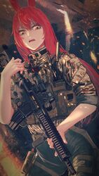  absurdres animal_ears assault_rifle camouflage commentary_request desert_camouflage eotech female foregrip gesugao gun highres holding holding_gun holding_weapon load_bearing_vest long_hair m4_carbine m4_sopmod_ii military muzzle_device nurim original photoshop_(medium) rabbit_ears red_hair rifle sleeves_rolled_up solo weapon yellow_eyes 