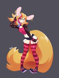  anthro blonde_hair bottomwear clothing cottonsocks_minkelson denim denim_clothing female flat_chested hair hi_res hoshi legwear mammal mink mustelid musteline nedoiko shorts solo stockings true_musteline 