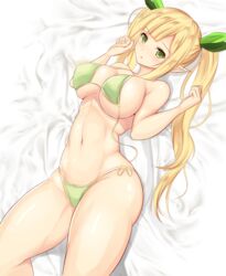  :o bare_shoulders bikini blonde_hair blush breasts commentary_request elf female green_bikini green_eyes green_ribbons groin hair_ribbon large_breasts long_hair looking_at_viewer lying navel noeomi on_back pointy_ears ribbon sennen_sensou_aigis side-tie_bikini_bottom solo spica_(sennen_sensou_aigis) stomach swimsuit twintails underboob untied_bikini v-shaped_eyebrows 