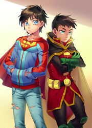  2boys belt black_hair blue_eyes cape commentary_request cr72 crossed_arms damian_wayne dc_comics denim green_eyes hands_in_pockets jeans jonathan_kent looking_at_another looking_at_viewer male_focus multiple_boys pants pouch robin_(dc) short_hair super_sons superboy torn_clothes torn_jeans torn_pants 