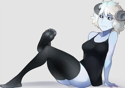  2017 5_toes blue_body blue_sclera blue_skin bottomless breasts clothed clothing feet female footwear grey_background hair horn horned_humanoid humanoid legwear lips looking_at_viewer not_furry scas simple_background sitting smile socks solo toes white_eyes white_hair 