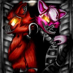  1:1 2016 animatronic anthro canid canine digital_media_(artwork) duo fangs five_nights_at_freddy&#039;s five_nights_at_freddy&#039;s_4 fox glowing glowing_eyes hook hook_hand infanio machine mammal nightmare_foxy_(fnaf) nightmare_mangle_(fnaf) pirate robot scottgames teeth 