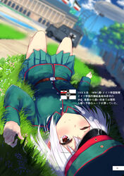  adapted_uniform aircraft armored_vehicle belt blurry building commentary cross day depth_of_field dirigible dutch_angle female flag german_empire grass ground_vehicle hat highres imperial_german_army imperial_german_flag imperial_war_flag iron_cross karo-chan lying military military_uniform on_back one_eye_closed original outdoors page_number path perspective pleated_skirt purple_eyes road shade short_hair skirt sky soldier translated tree uniform white_hair world_war_i 