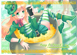  alcohol blonde_hair cauldron clover coin female gold_coin green_eyes guinness_(beer) hat leprechaun runawaywithyou saint_patrick&#039;s_day skirt solo striped_legwear thighhighs 