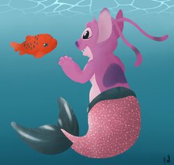  2017 4_fingers alien angel_(lilo_and_stitch) antennae_(anatomy) back_markings black_eyes blue_background blue_eyes blushbaker chimera claws digital_media_(artwork) digital_painting_(artwork) disney duo experiment_(lilo_and_stitch) fingers fish head_tuft heart_symbol lilo_and_stitch marine markings merfolk open_mouth open_smile orange_body orange_scales pudge_the_fish purple_claws purple_nose scales signature simple_background smile sparkles split_form tuft underwater water 