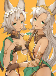  2girls animal_ears asymmetrical_docking bad_id bad_pixiv_id breast_press breasts brown_gloves commentary_request dark-skinned_female dark_skin erune gloves granblue_fantasy green_eyes head_wreath highres koretsuki_azuma long_hair looking_at_viewer medium_breasts melleau multiple_girls nemone open_mouth orange_background short_hair siblings simple_background sisters small_breasts smile white_hair 