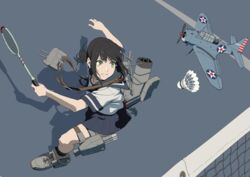  aircraft airplane anchor badminton badminton_racket black_eyes black_hair black_sailor_collar black_skirt commentary_request female from_above fubuki_(kancolle) full_body hanebado! hanesaki_ayano holding holding_racket kantai_collection koubakotone look-alike looking_up low_ponytail machinery medium_hair miniskirt parody pleated_skirt ponytail racket rigging sailor_collar sbd_dauntless school_uniform serafuku short_sleeves shuttlecock sidelocks skirt smokestack solo surprised thigh_strap torpedo torpedo_tubes trait_connection turret volleyball_net 