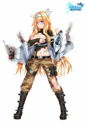  ace_virgin aircraft airplane belt black_sweater blue_eyes blush boots breasts breasts_squeezed_together broken camouflage camouflage_pants canberra_(ace_virgin) cleavage_cutout closed_mouth clothing_cutout commentary_request copyright_name covering_nipples covering_privates female fire frown full_body hand_up headgear highres kangetsu_(fhalei) knee_boots large_breasts leg_belt lips logo long_hair long_sleeves looking_at_viewer machinery mecha_musume navel orange_hair pants pouch ribbed_sweater simple_background solo standing sweater torn_clothes very_long_hair white_background 