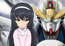  after_war_gundam_x artist_name black_hair brown_eyes bukkuri commentary cosplay dated female girls_und_panzer gundam gundam_x hairband long_hair long_sleeves looking_at_viewer mecha parted_lips purple_shirt reizei_mako robot shirt signature solo straight-on tiffa_adill tiffa_adill_(cosplay) upper_body white_hairband 