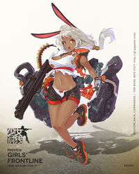  ankle_boots bare_legs black_shorts boots character_name colored_shoe_soles copyright_name dark-skinned_female dark_skin female full_body girls&#039;_frontline grey_hair gun hair_tubes high_tops highres hikari123456 holding holding_gun holding_weapon long_hair looking_at_viewer navel neostead neostead_2000 ns2000_(girls&#039;_frontline) official_art open_fly open_mouth panties promotional_art red_eyes rigging shadow shield shield_module shoes shorts shotgun shotgun_shell sneakers solo tank_top teeth torn_clothes underwear watermark weapon web_address white_hair white_panties 