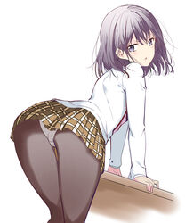  absurdres adagaki_aki arm_support ass bent_over black_pantyhose blue_eyes brown_skirt commentary dated_commentary female floating_hair grey_hair heart highres looking_at_viewer looking_back masamune-kun_no_revenge miniskirt open_mouth panties panties_under_pantyhose pantyhose pleated_skirt shirt short_hair simple_background skirt solo standing sunhyun underwear white_background white_panties white_shirt 