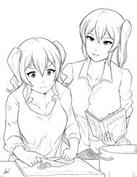  2girls book buttons carrot collarbone commentary cutting_board english_commentary greyscale highres holding holding_book holding_knife kaga_(kancolle) kantai_collection kashima_(kancolle) knife monochrome multiple_girls pot shirt side_ponytail sidelocks signature simple_background sweat tsurime twintails wangphing wavy_hair white_background 