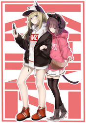  2girls animal_ear_headphones animal_ears bare_legs black_footwear black_legwear blonde_hair blue_eyes brown_hair cat_tail cellphone commentary_request dog_tail earphones fake_animal_ears hand_in_pocket hat hat_with_ears headphones highres hood hood_down hoodie jacket kmnz locked_arms long_hair mc_lita mc_liz miniskirt multiple_girls no_pants open_clothes open_jacket phone pink_eyes pink_hoodie pirapirapirapira pleated_skirt red_footwear short_hair skirt smartphone sweatdrop tail thighhighs virtual_youtuber white_hoodie zettai_ryouiki 