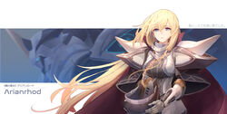  1other ao_no_kiseki argreion arianrhod_(eiyuu_densetsu) armor blonde_hair blue_eyes braid breasts cape capelet character_name commentary eiyuu_densetsu female floating_hair gauntlets helmet holding holding_helmet long_hair looking_at_viewer md5_mismatch mecha medium_breasts nekojira parted_lips projected_inset robot sen_no_kiseki shoulder_armor side_braid standing unworn_headwear unworn_helmet upper_body very_long_hair 