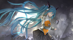  aqua_hair closed_eyes commentary_request female fingerless_gloves floating_hair from_side gloves hatsune_miku headphones heartbeat_(module) hiraba_6018 long_hair odds_&amp;_ends_(vocaloid) robot skirt solo twintails very_long_hair vocaloid 